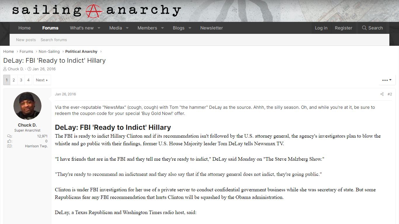 DeLay: FBI 'Ready to Indict' Hillary - Sailing Anarchy Forums